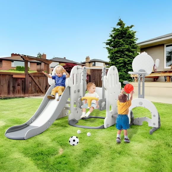 GloryStar Ensemble de Glissade 7-en-1 pour Tout-Petit avec Balançoire, Panier de Basketball et Éléments de Jeu Polyvalents, Aire de Jeux Intérieure et Extérieure pour Enfants avec Grimpeur, Soccer et Golf