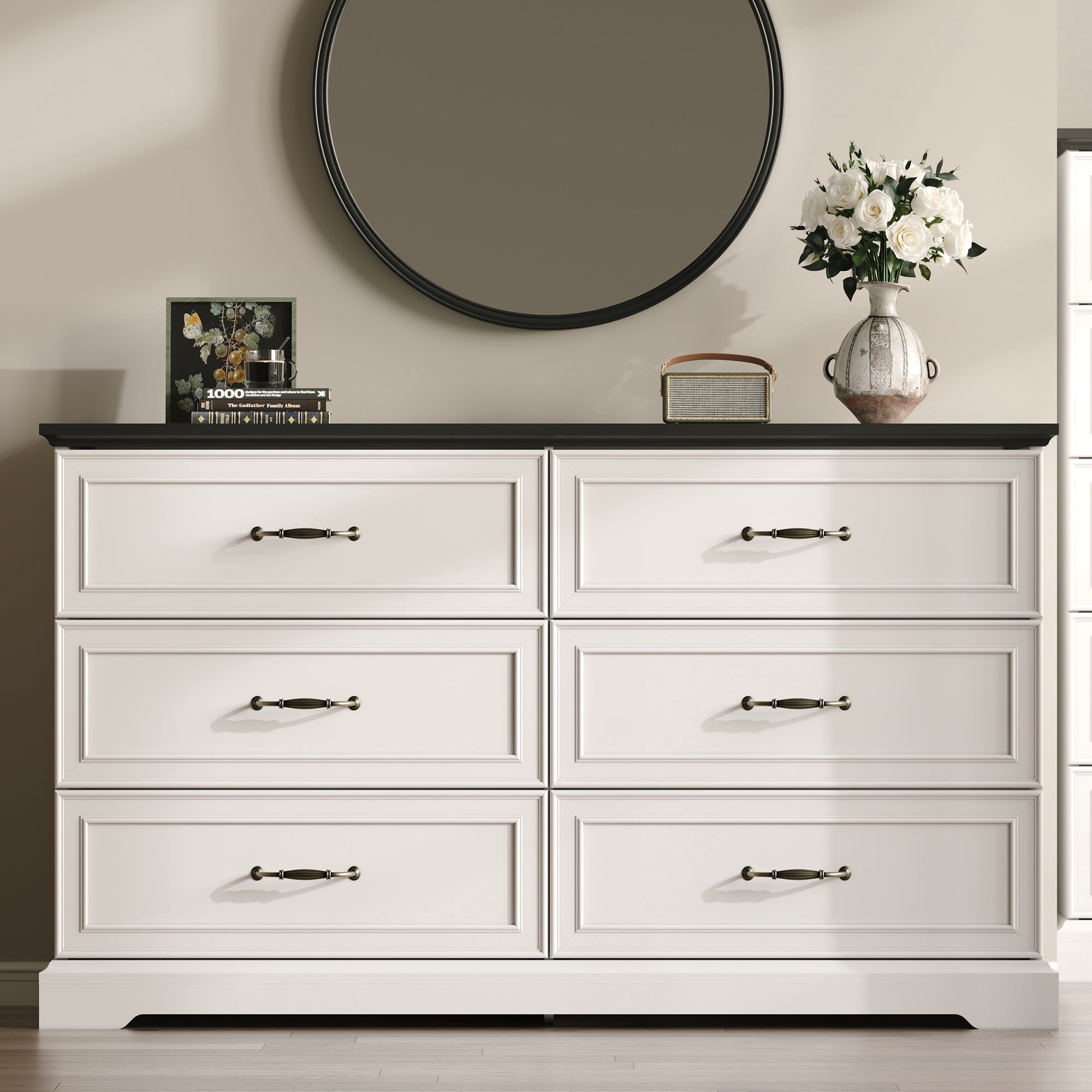 FANRAL 6 Drawers Dresser for Bedroom,Wood Rustic Storage Cabinet Chest of Drawers,Farmhouse Large Drawers with Metal Handles,White Dresser(Plus)