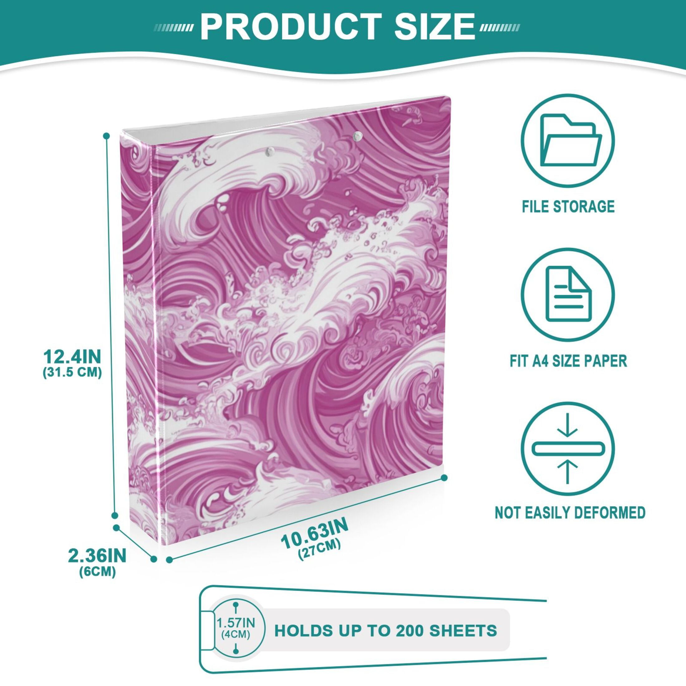 Pink Waves 3 Ring Binders 1.5 inch Hardcover File Folders with Interior Pockets A4 Size Organizer for School Office Hospital