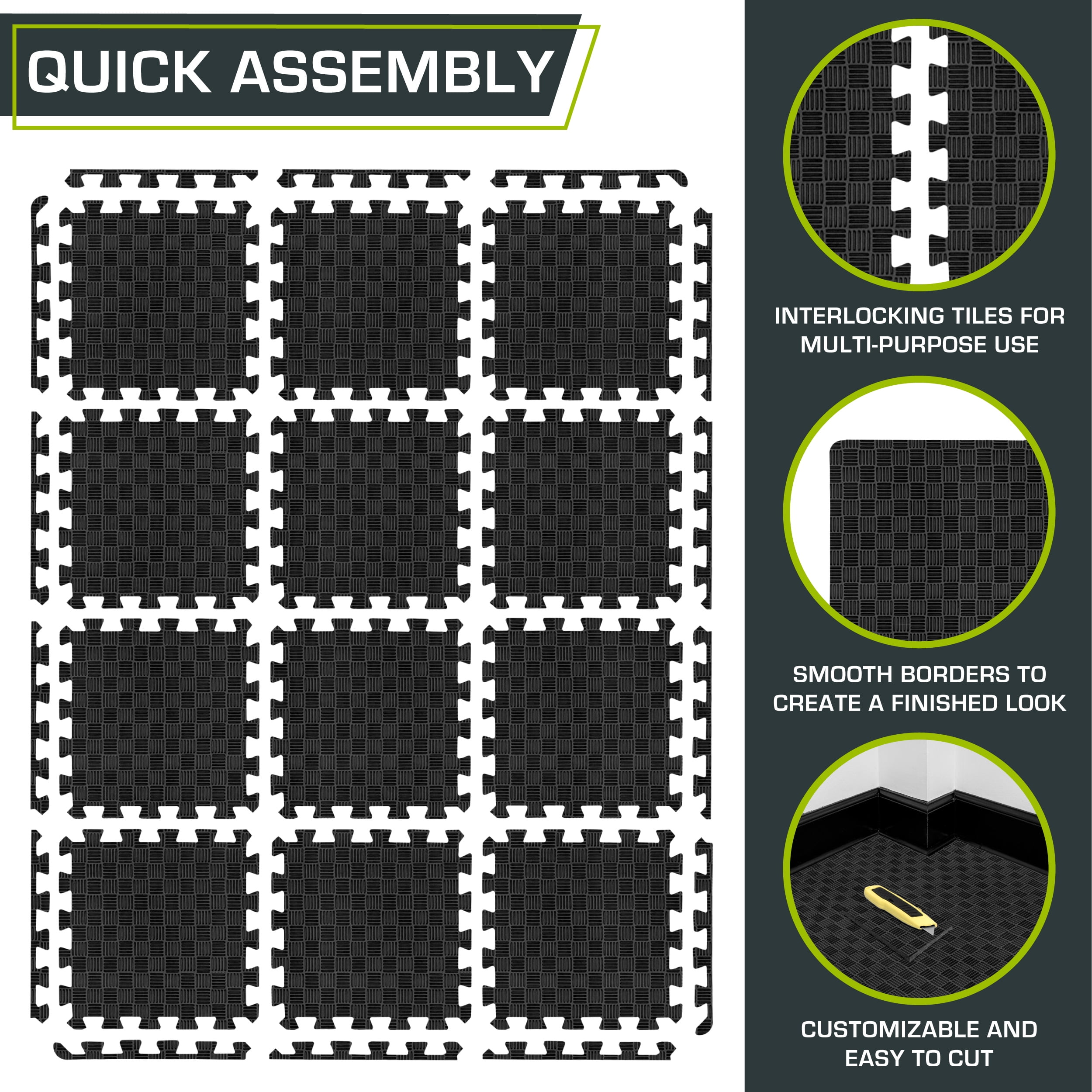 Checkered Puzzle Exercise Mat 12 x 12 1/2-in, Black, 12 Sq Ft - 12Tiles