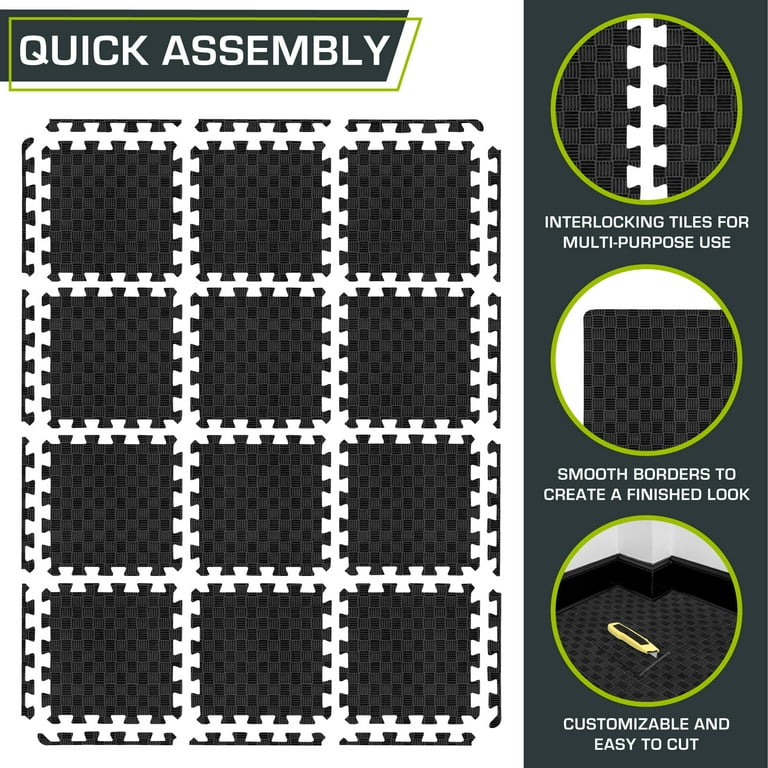 Checkered Puzzle Exercise Mat 12 x 12 1/2-in, Black, 12 Sq Ft
