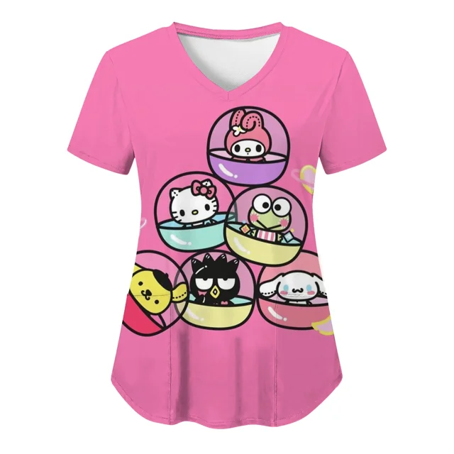 RWJDXD RWJDXD Uniforme d'Infirmière, Blouses Hello Kitty pour Femmes, Imprimé Cartoon, Manches Courtes, Poches, Uniformes Médicaux