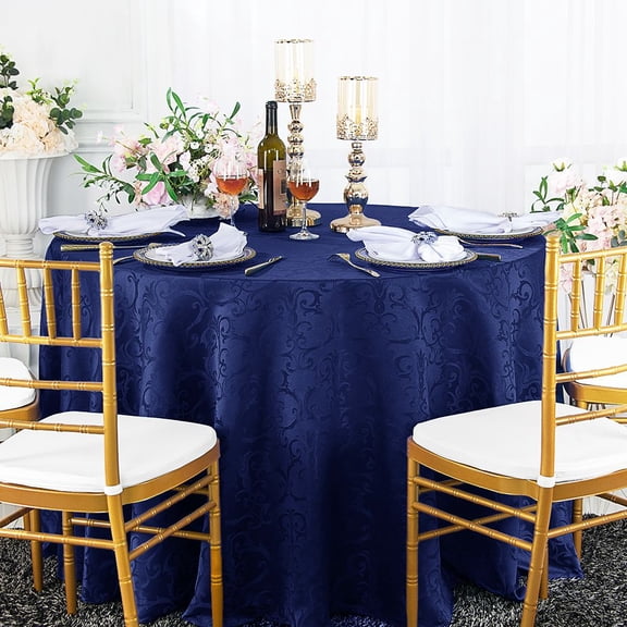 Wedding Linens Inc. 132" Round Damask Jacquard Polyester Tablecloth Table Cover Linens - Navy Blue