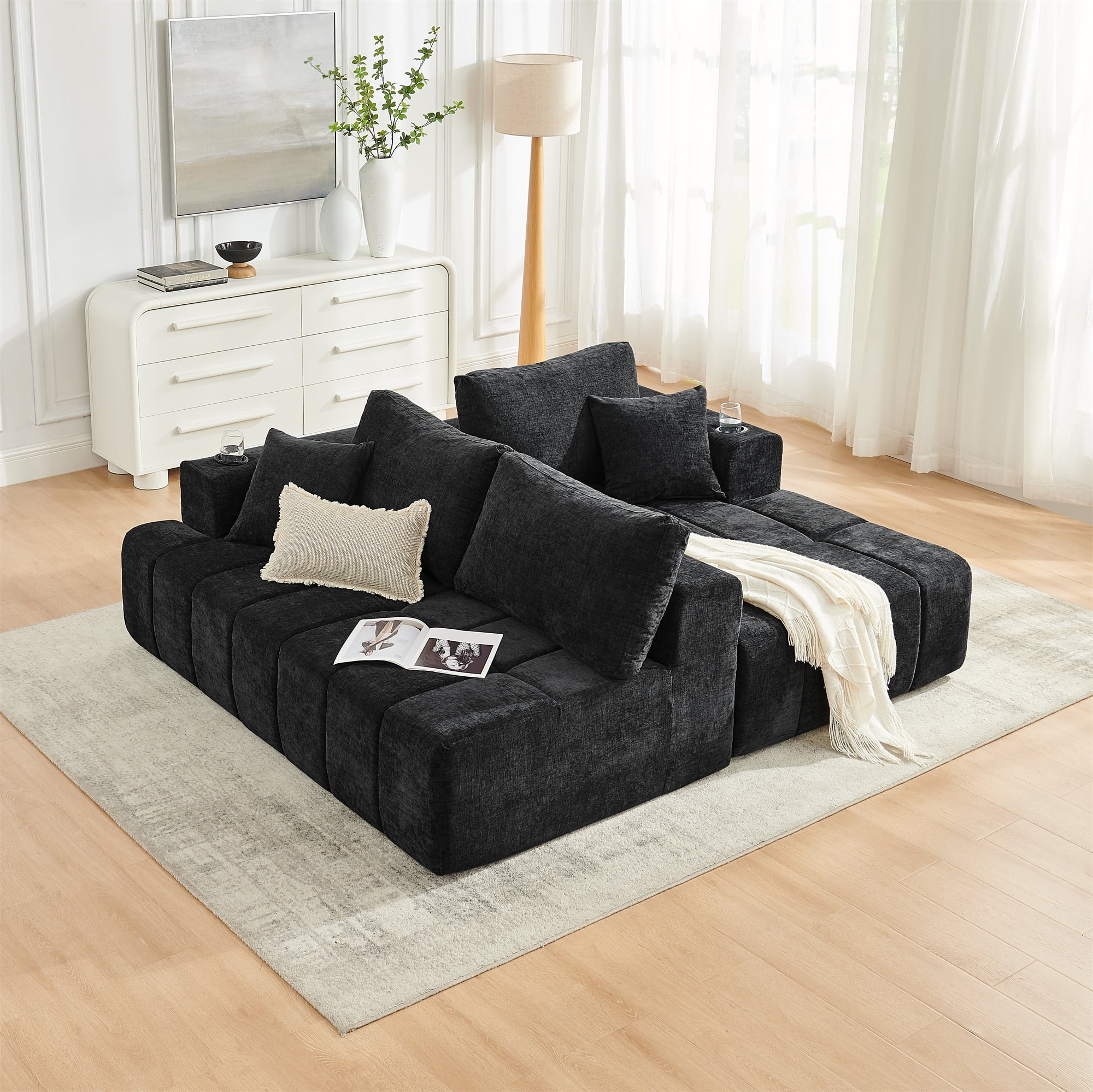 Aukfa 108" Cloud Sectional Sofa, Deep Seat Modular L-Shape Boneless Couch with 2 Cup Holders & Side Pockets, Right Chaise, Chenille, Black