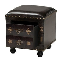 Charlier Rustic Antique Inspired Faux Leather Upholstered Wood Storage Ottoman with Book Spine Drawer
