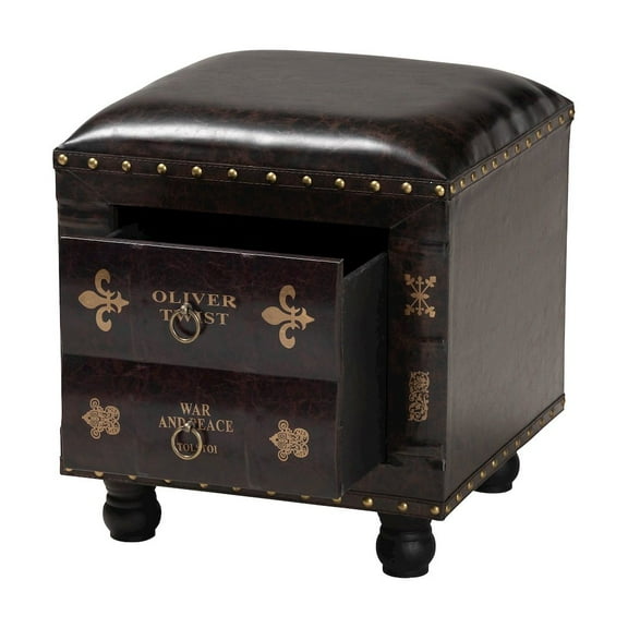 Charlier Rustic Antique Inspired Faux Leather Upholstered Wood Storage Ottoman with Book Spine Drawer