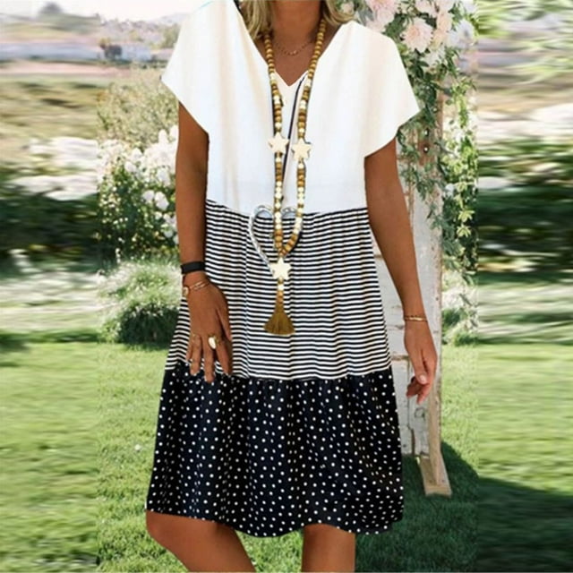 DEELLEEO Robes Mini à Rayures et Pois pour Femmes Grande Taille Été Décontracté Robe Patchwork Ample Col en V Manches Courtes Robe d'Été