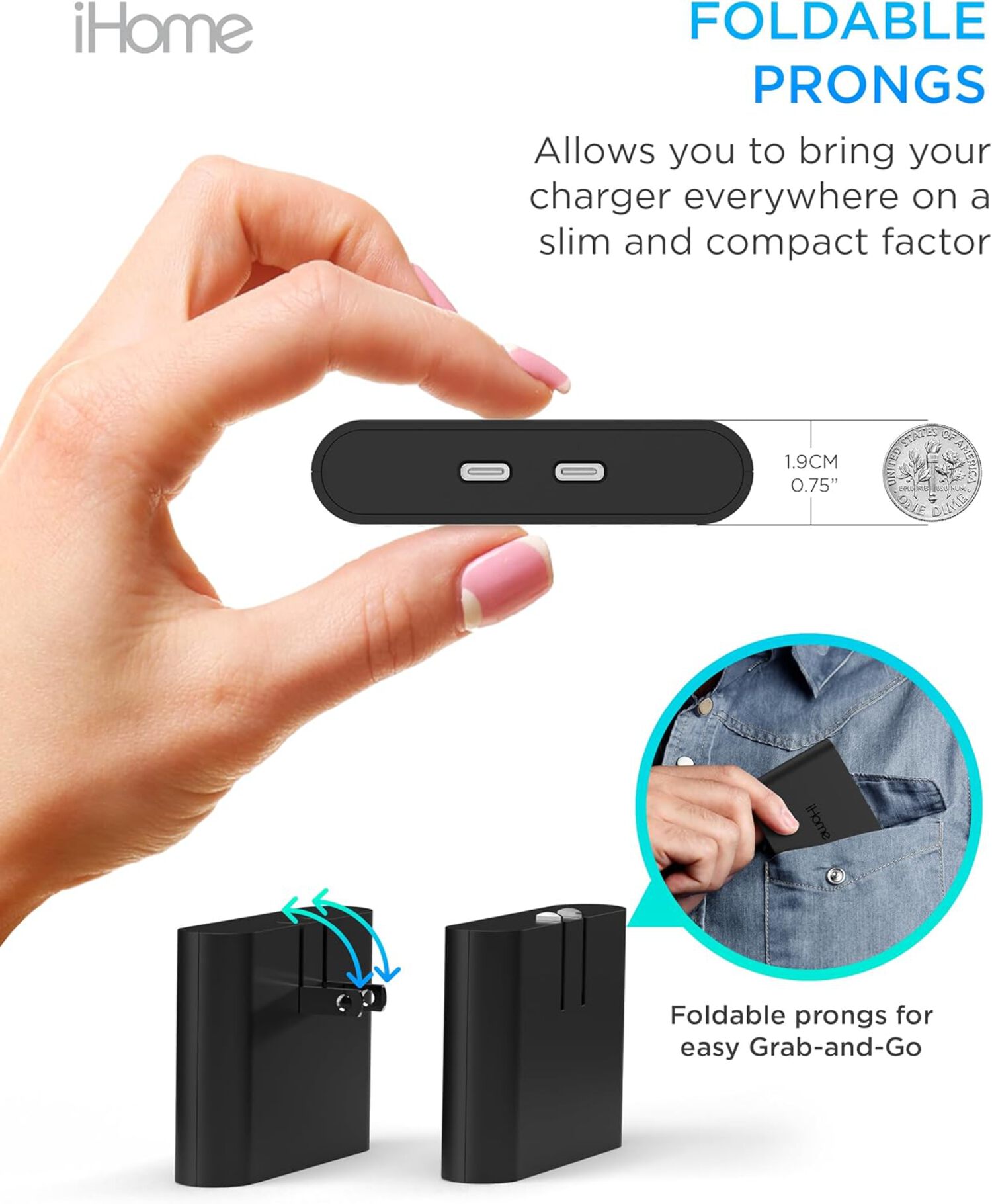 iHome 40W USB-C Multiport Wall Charger, 2-Port AC Adapter, Dual Fast Charging