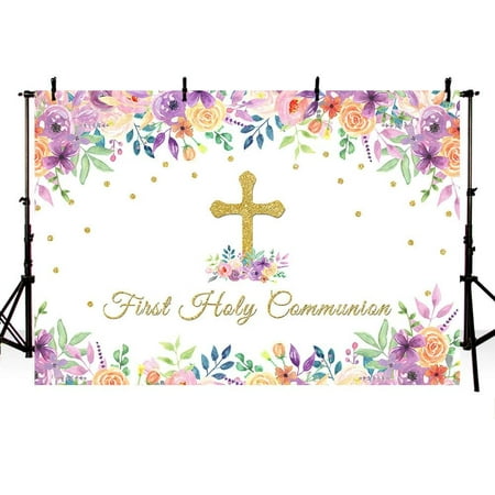 First Holy Communion Party Backdrop Girl Baptism Christening Pink and  Purple Floral Gold Glitter Cross God Bless Photography Background Photo  Banner 7x5ft | Walmart Canada