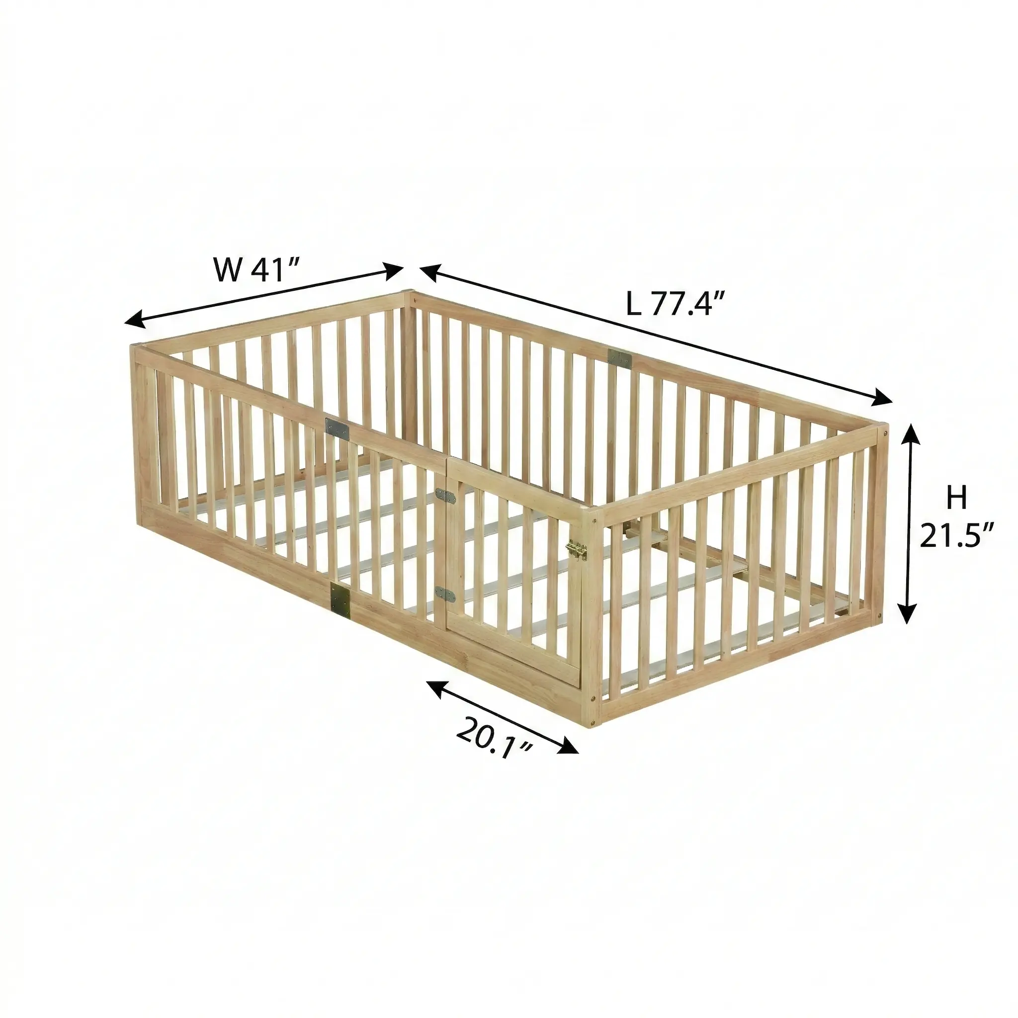 UHOMEPRO Twin Floor Bed with High Fence & Door, Montessori Floor Bed with 21.5" Safety Guardrails, Solid Wood Twin Beds Frame for Kids Girls, Boys, with Slats, Natural