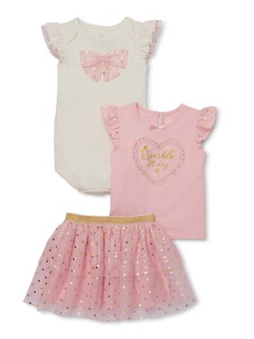 Wonder Nation Baby Girl T-shirt, Bodysuit & Tutu Skirt, 3pc Outfit Set