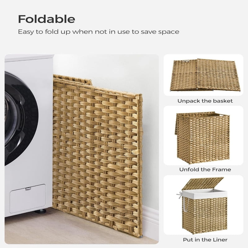 Kelno 110L Laundry Basket with Lid Foldable Rattan Clothes Hamper with Removable Liner Bag, Natural