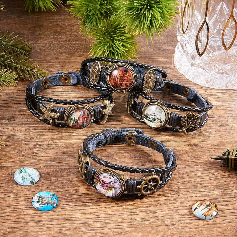 4Sets Braided Leather Bracelet Making Kit Multilayer Rope Bangle Cuff  Wristband with Blank Alloy Cabochon Bezel Tray Clear Glass Cabochon