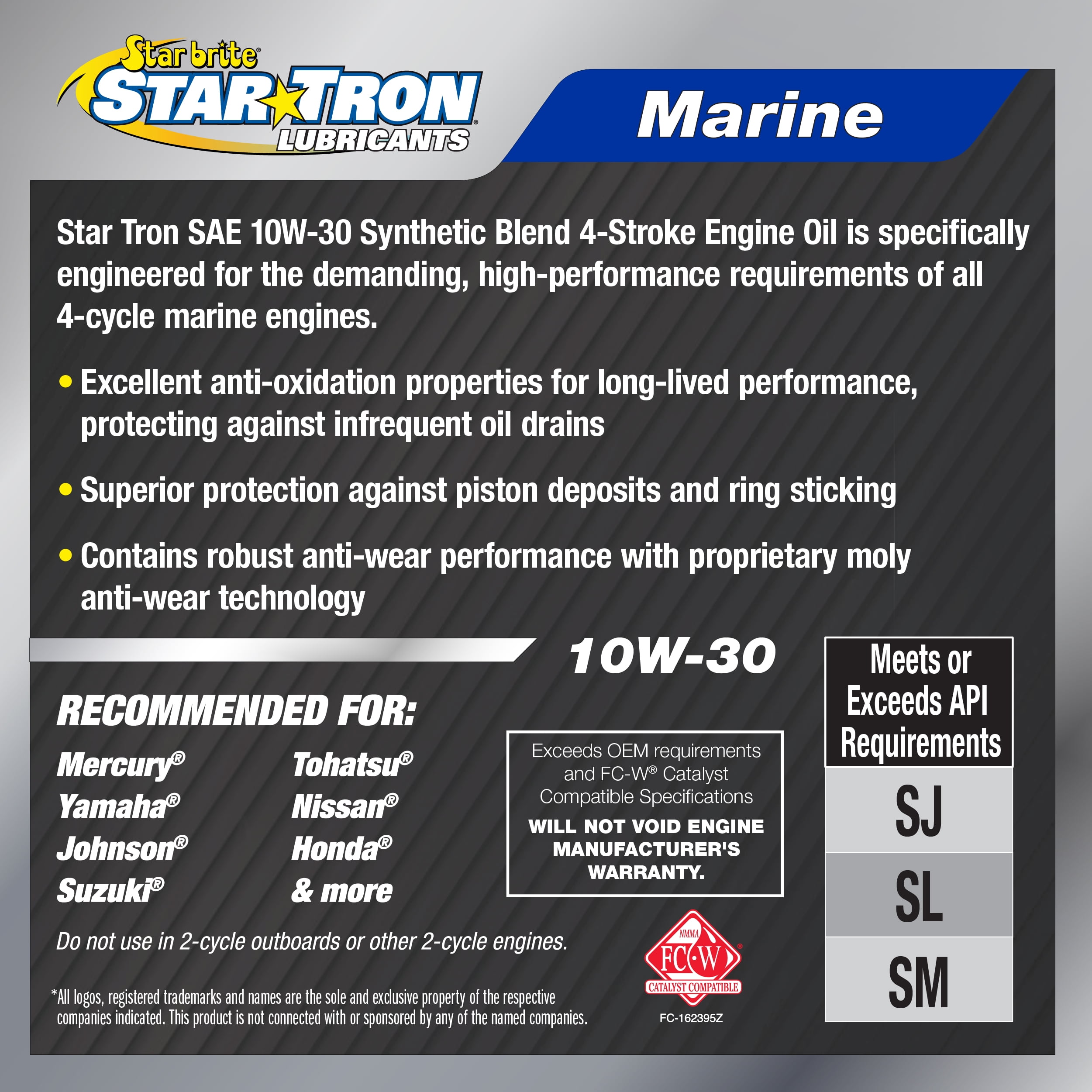 Star brite Star Tron Synthetic Blend 10W-30 Marine Engine Oil – 4-Stroke Oil for Outboards & Inboards – Superior Corrosion Protection, FC-W Certified – For Honda, Yamaha, Mercury, Suzuki & More