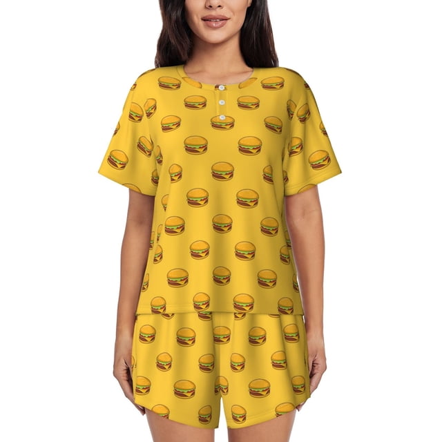 Fotbe Burger 1 Conjunto de Pijama Estampado para Mujer, 2 Piezas, Ropa de Dormir con Camiseta de Manga Corta y Shorts Suaves-XX-Large