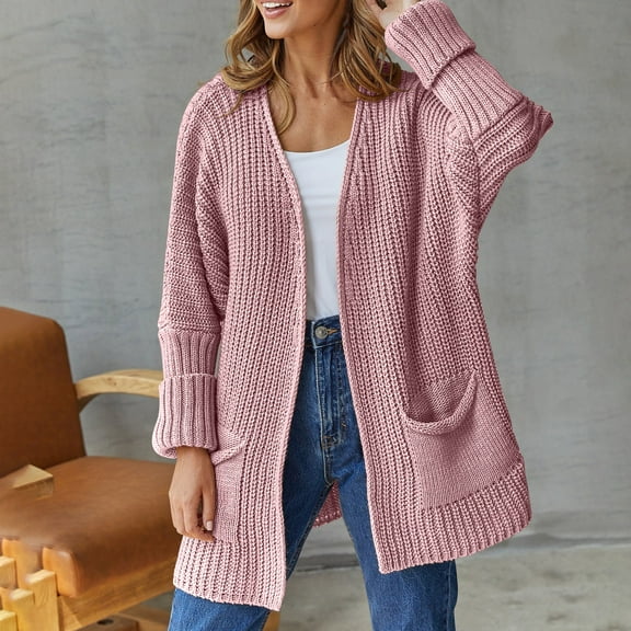 GUZOM Sweaters Womens Pink Oversized Cardigan - Open-Front Cotton Blend (65% Cotton/35% Polyester) with Patch Pockets, Ribbed Cuffs, Casual for Spring/Fall,Size M