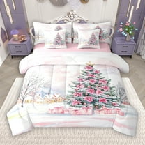 Manfei Dreamy Xmas Tree 7 Pieces Bedding Comforter Set for Kids, Pink Santa Claus Gifts Full Bedding Set, Merry Christmas Reversible Fitted Sheet Flat Sheet, Luxury Bedroom Decor