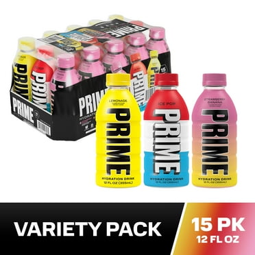Prime Hydration Sports Drink, Variety Pack, Ice Pop, Strawberry Banana, Lemonade, 12 fl oz, 15 Pack, Bottles