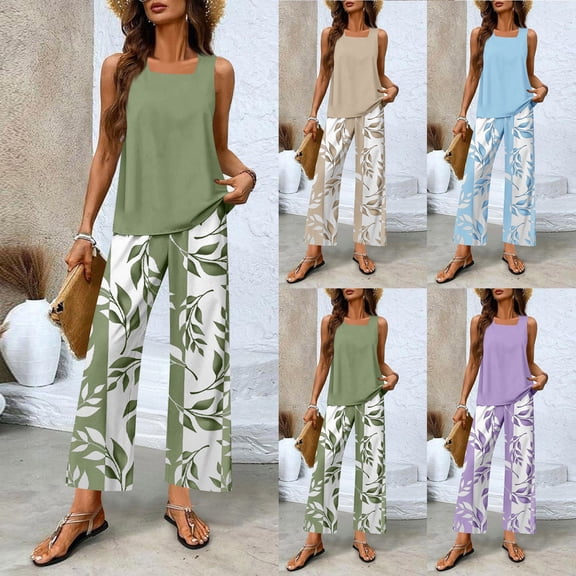 Miqool 2 Piece Sets for Women Sleeveless Tiered Square Neck Vest Top and Flowy Wide Leg Long Pants Travel Outfits Lounge Set