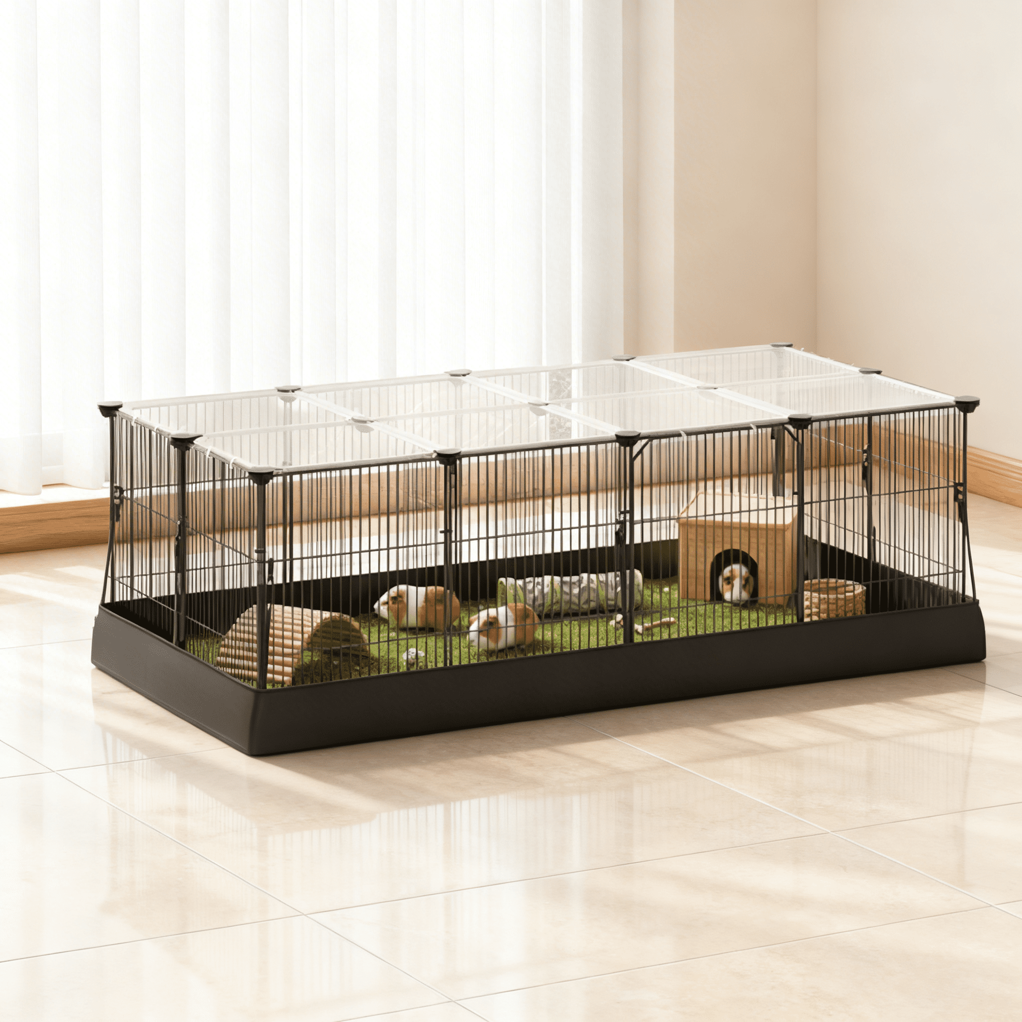 LEDREM 20-Panel Guinea Pig Cage with Waterproof Mat, Small Animal Playpen with Top & Side Doors, for Rabbits, Hamsters, 48.4 x 24.8 x 16.3 Inches, Ink Black