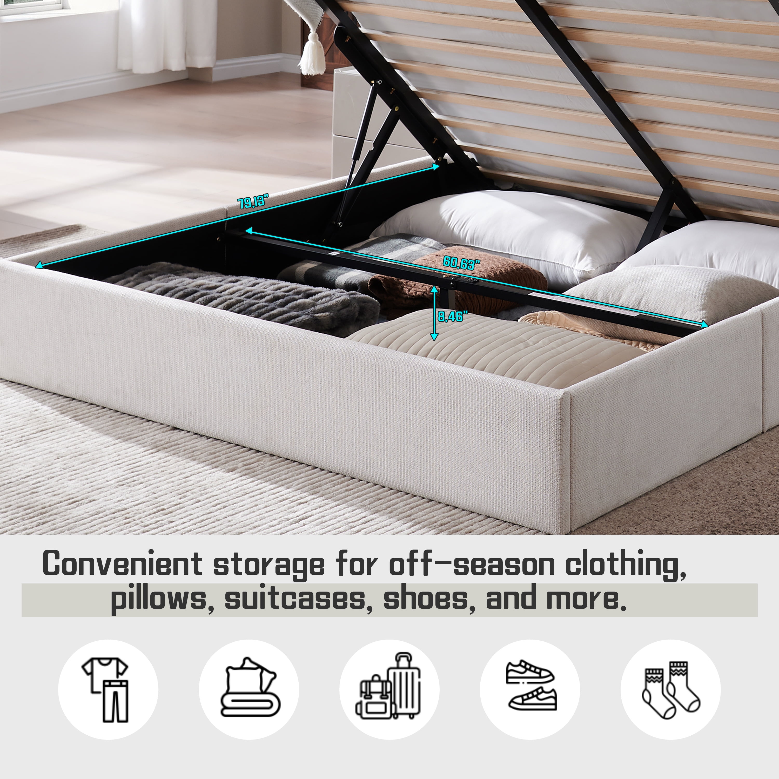 Queen Bed Frame with Lift up Storage, Wood Bed Frame with Headboard and Solid Wood Slats Support, Sturdy and Noiseless, Ivory