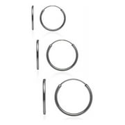 Black Flash Sterling Silver 10mm, 12mm & 14mm Small Endless Hoop Earrings, Set of 3