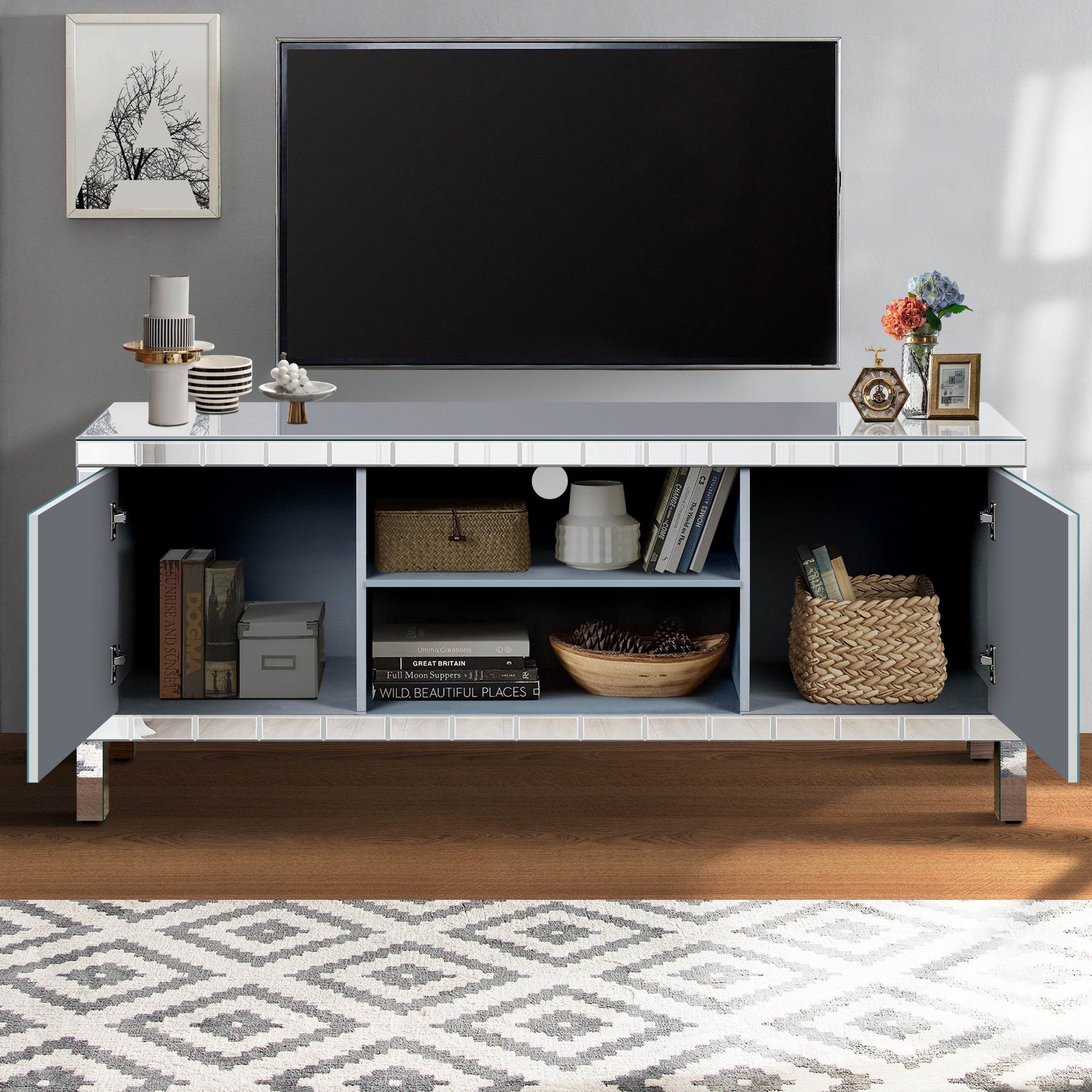 Atumcto Mirrored TV Stand for 65in TV, Silver Console with Storage Cabinets and Shelves, Modern Glam Entertainment Center for Living Room
