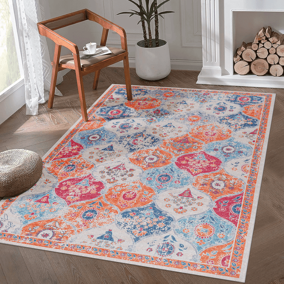 Washable Area Rug 5x8 Cream Low Pile Non Slip Non Shedding Soft Chenille Stain Resistant Kid Pet Friendly For Living Room Bedroom