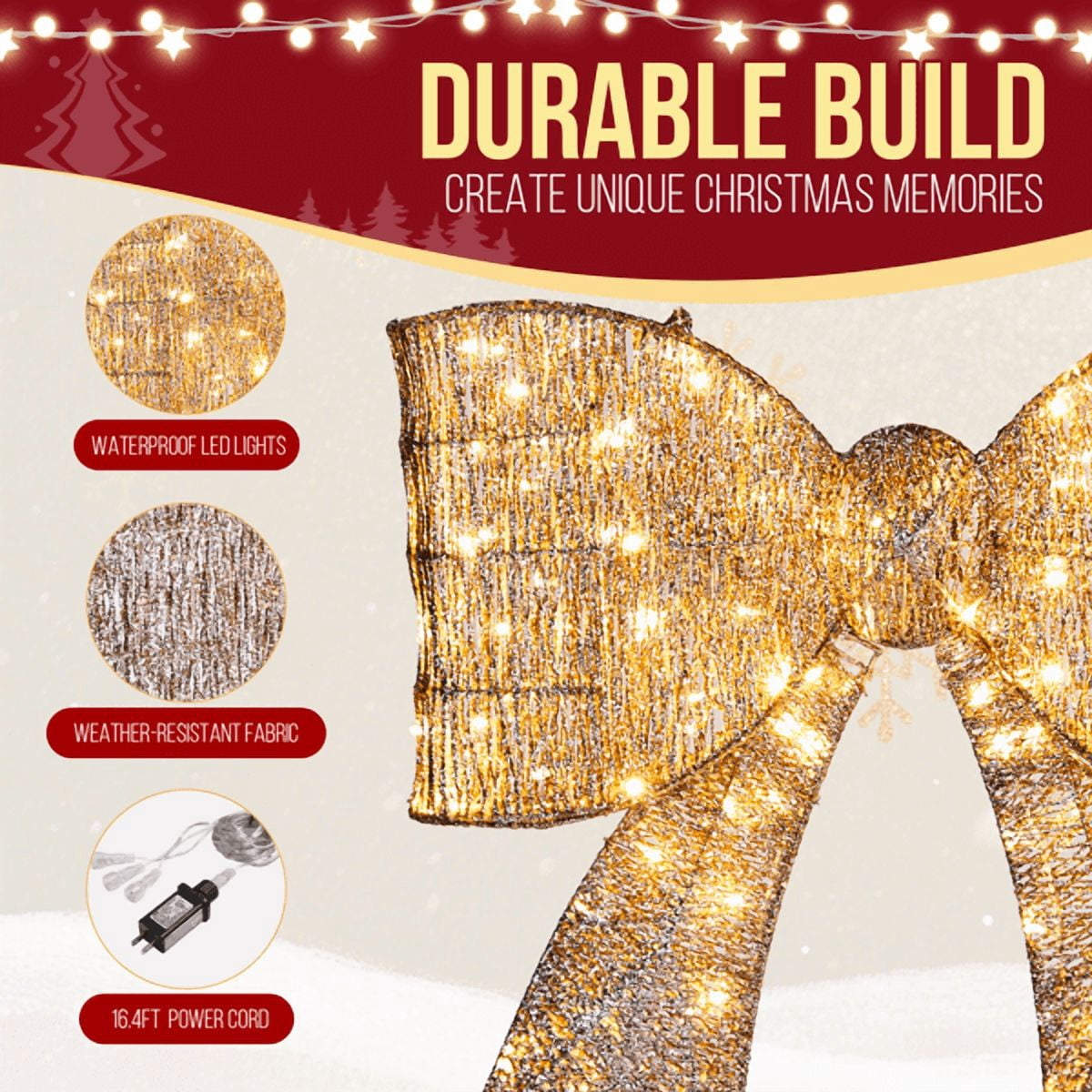 28.3in Pre-Lit Outdoor Christmas Bowknot, 124 Warm White LEDs, Sparkling Tinsel Fabric, Collapsible for Indoor/Outdoor Use