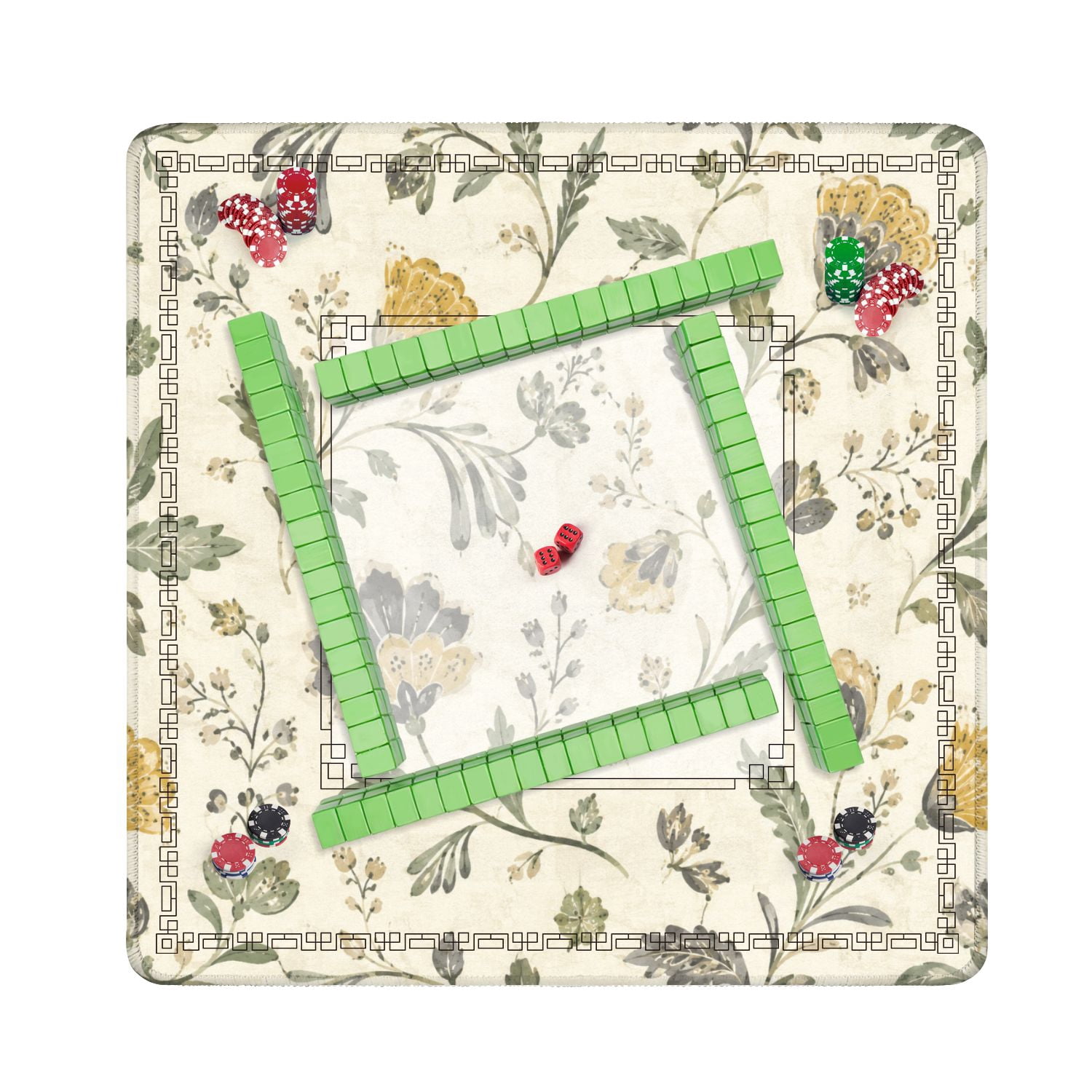 Mahjong Mat 31.5" x 31.5" Vintage Floral Botanical Soft Green Mustard Yellow Gray Watercolor Non-Slip Noise Reduction American Mahjong Tiles Table Cover for Dominoes Poker Card Board Games Gift