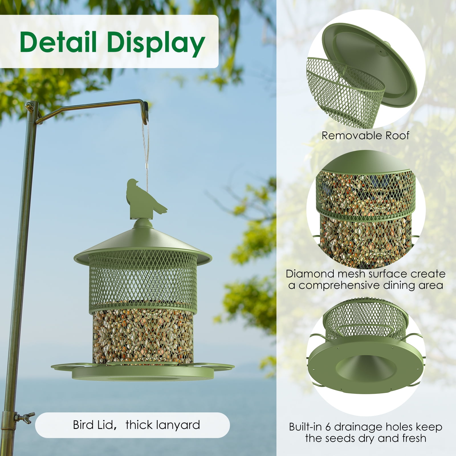 Digipettor Metal Wild Bird Feeder for Outside, Squirrel Proof Bird Feeders, Retractable 4LB Capacity Large Seed Birdfeeder for Outdoors Hanging Garden Yard, Green