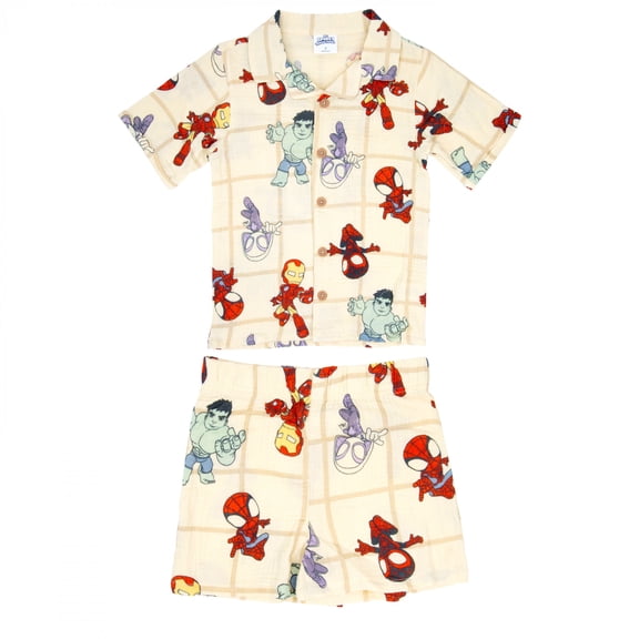 Marvel Spidey and Friends Boys 2-Piece Cabana Set Collared Short Sleeve Gauze Shirt & Matching Shorts Summer Outfit