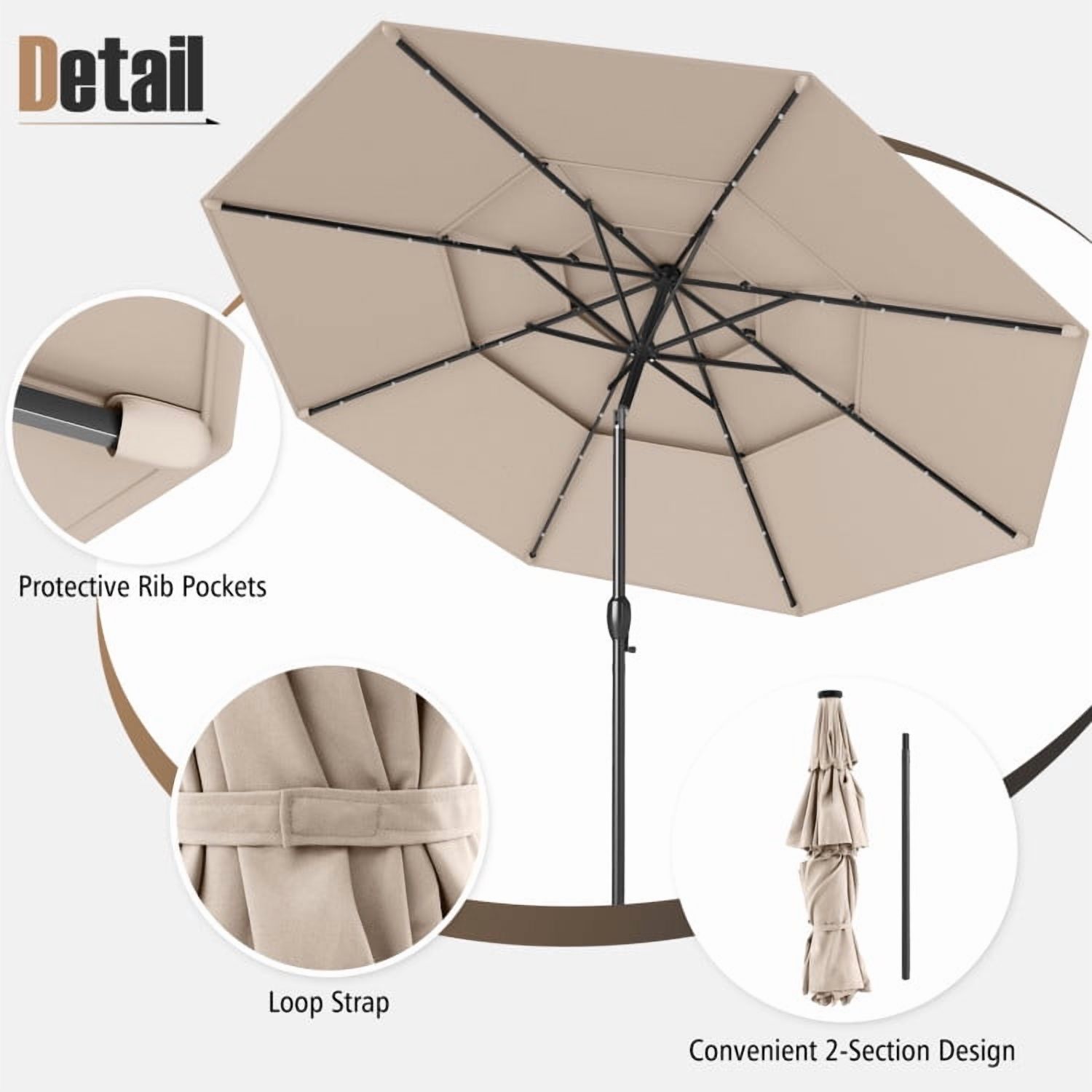 YYAo Outdoor Garden Umbrella,Market Umbrella,10 Feet Solar Patio Umbrella with 32 LED Lights 3-Tier Vented Top-Beige