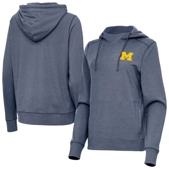 Women's Antigua Heather Navy Michigan Wolverines Justice Pullover Hoodie