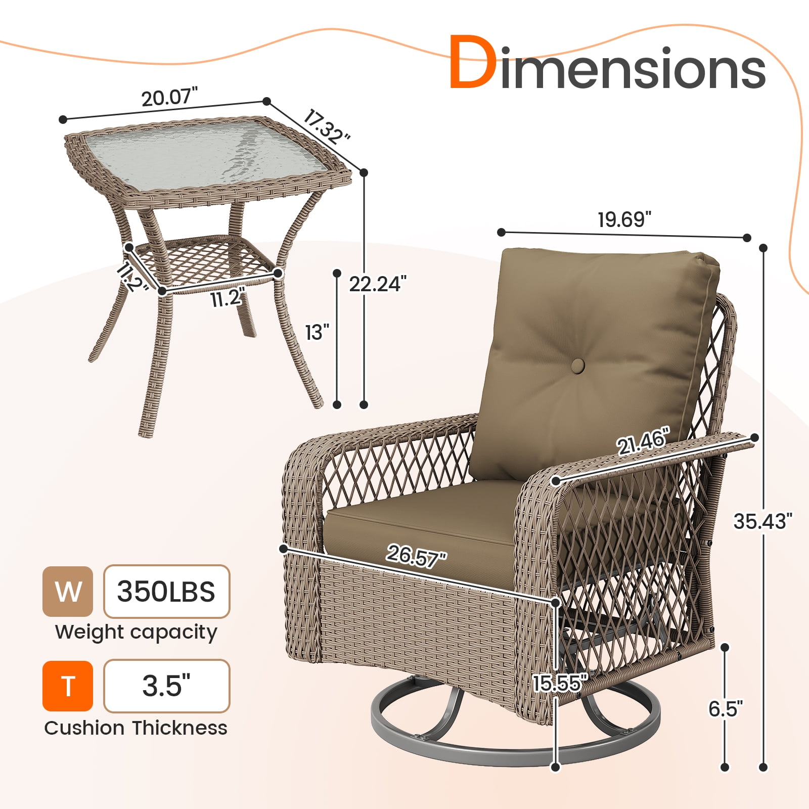 MRUAKA 3 Pieces Patio Furniture Set, Outdoor Swivel Gliders Rocker, Wicker Patio Bistro Set w Rattan Rocking Chair, Glass Top Side Table Thickened Cushions for Porch Deck Backyard (Khaki)