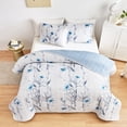 thumbnail image 4 of Botanical Quilt Set 3 Pieces Full/queen Size  Blue Flower Branch On White Reversible Bedspread Coverlet Soft Microfiber Lightweight Bed Cover For All Season (90" X 90" 1 Quilt+ 2 Pillow Shams), 4 of 7