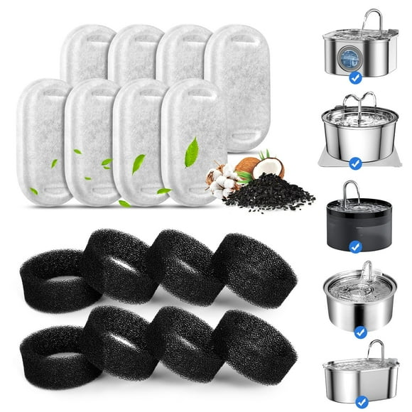 VinDox Replacement Filters for Most 108oz/3.2L Cat Stainless Steel, Replacement Fountain Filter with Carbon Filter and Pre-Sponge, Super Quiet Dog Dispenser (8+8 Pack)