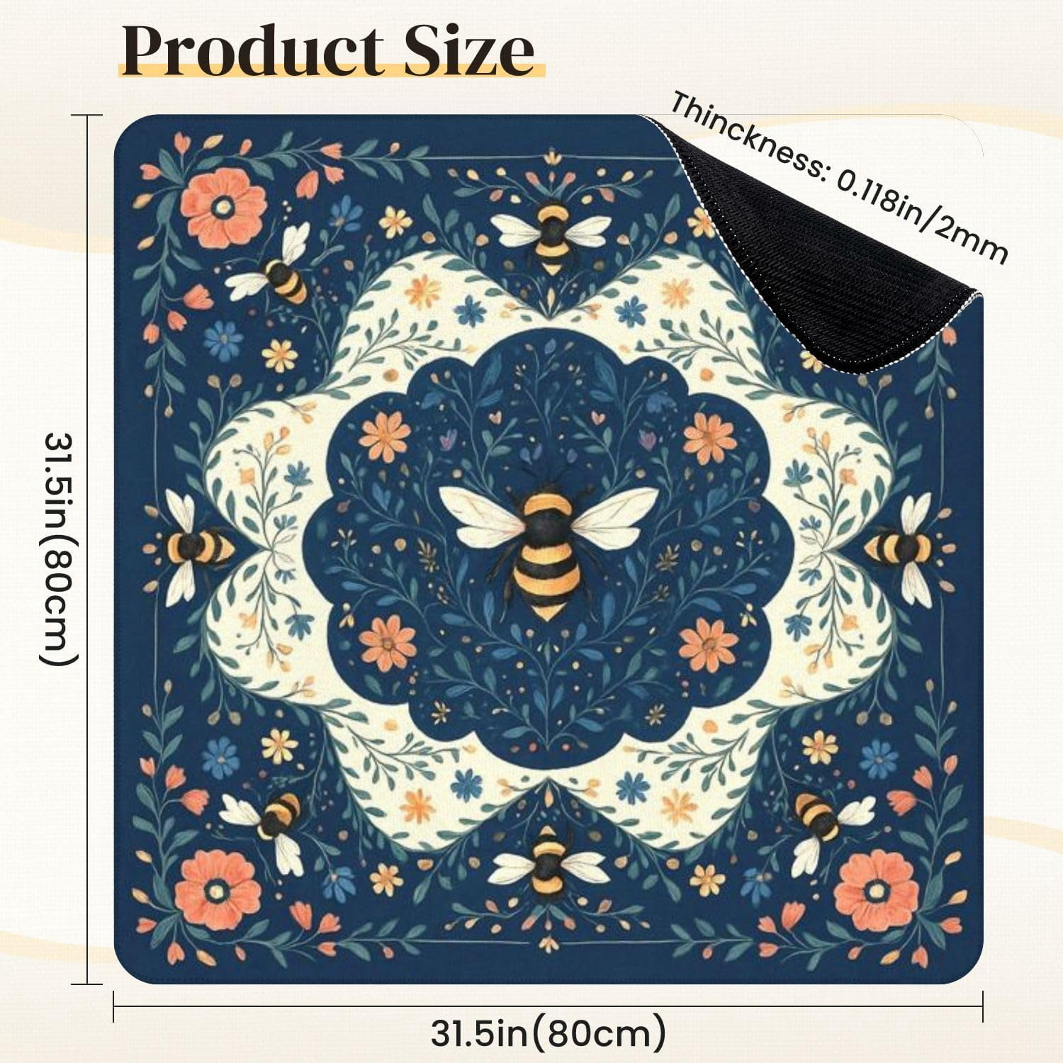 Mahjong Mat for Table Floral Bee Vintage Botanical Style Navy Blue Orange 31.5" x 31.5" Non-Slip Noise-Reducing Game Mat Premium Mahjong Accessories for Poker Dominoes Board Games