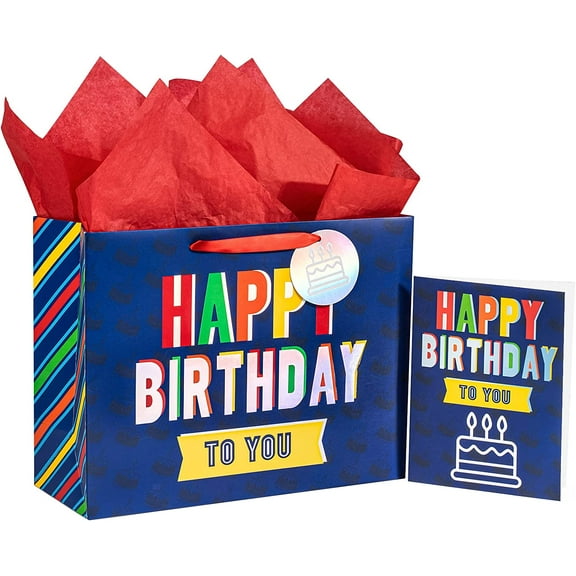 WRAPAHOLIC 13" Large Gift Bag with Card and Tissue Paper - Colorful Happy Birthday with Holographic Silver Foil