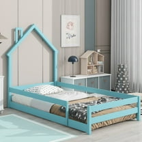 Floor Bed, Twin Size Montessori Bed with House Shape Headboard and Railings, Wood House Bed with Slats for Boys Girls, Low to Ground Height, No Box Spring Needed, Light Blue
