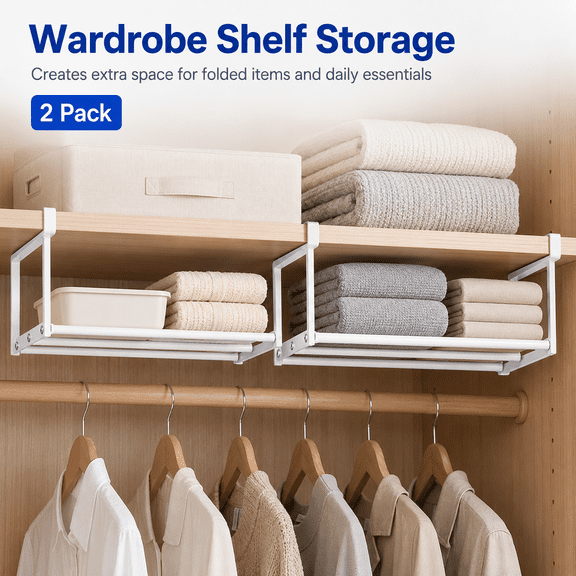 MORAVE 2 Pcs White Expandable Adjustable Shoe Rack Organizer, Under Cabinet Under Shelf Storage Shelf for Shoe Clothing Storage and Organization