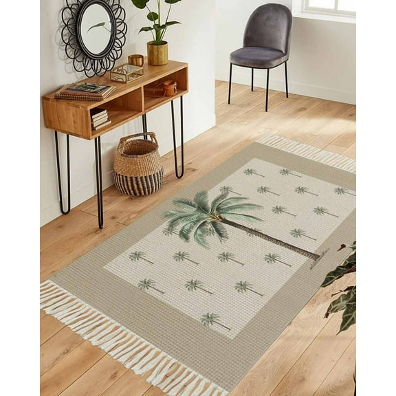 Summer Palm Tree Area Rug 3x5ft Woven Runner Rug,Farmhouse Green Tropical Plants Washable Living Room Hallway Bedroom Kitchen Carpet with Tassels,Indoor Outdoor Throw Door Mat for Entryway