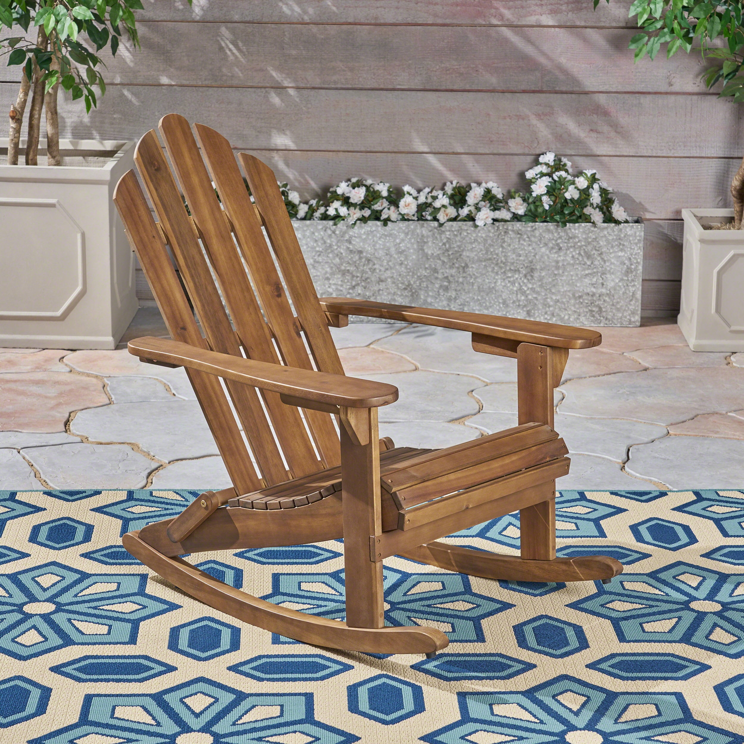 Outdoor Adirondack Rocking Chair, Solid Acacia Wood Swing Rest Seat for Patio Garden, Dark Brown