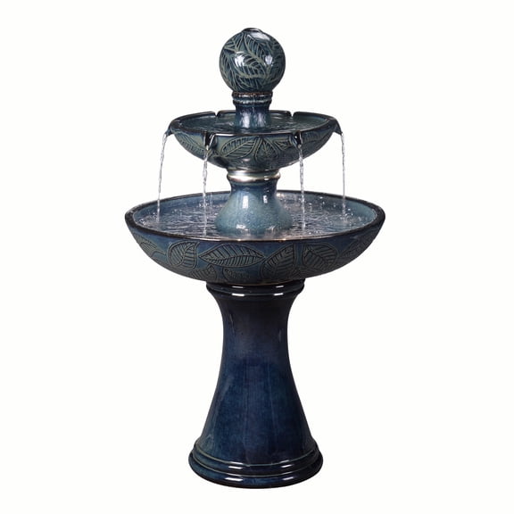 Hi-Line Gifts LED Lighted 2-Tier Leaf Pattern Ceramic Outdoor Garden Water Fountain - 38" - Blue