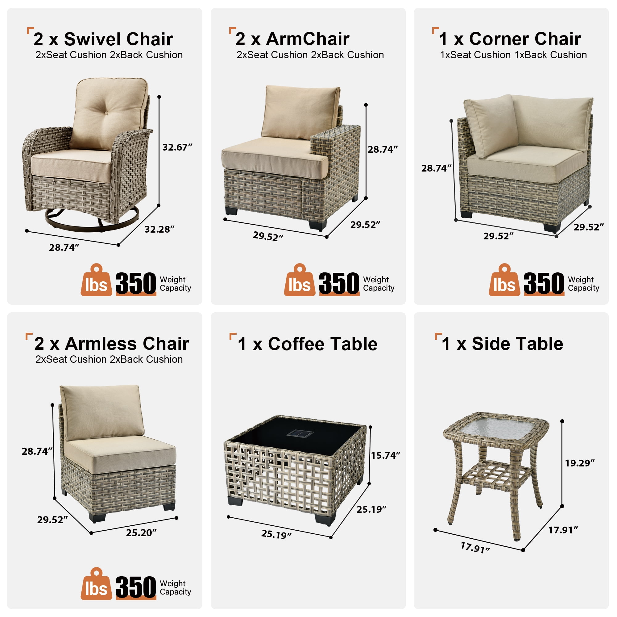 Toject 9 Pieces Patio Furniture Set Outside Furniture Wicker Patio Conversation Set with Swivel Chairs, Outdoor Furniture for Garden, Beige