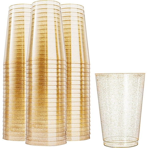 Woeilo 100pcs 12oz Gold Plastic Cups, Gold Glitter Disposable, Elegant Wedding and Party Cups Gold Glitter-100 pack
