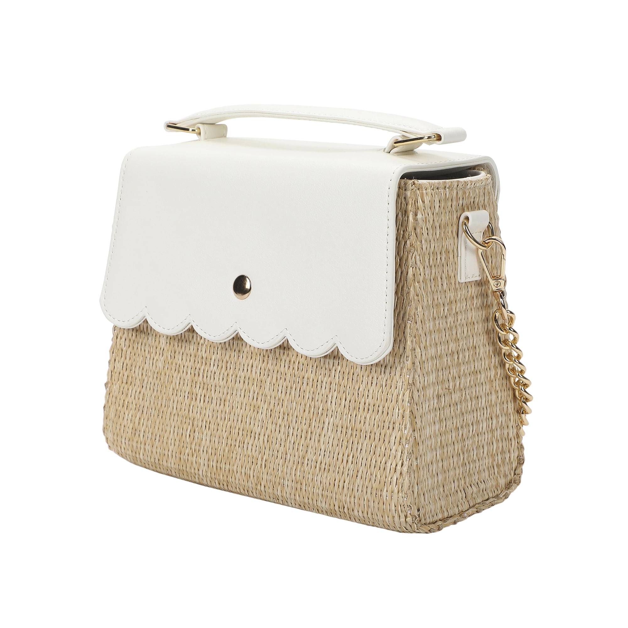 Packed Party Women's Woven Straw Crossbody Bag with Faux Leather Scallop and Chain Strap, White