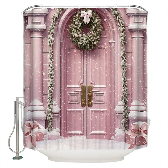 Pink Castle Shower Curtain, 60" x 72", Christmas Wreath with Bow Tie Xmas Gifts Waterproof Bathroom Curtain Washable Shower Curtain Set with 12 Hooks