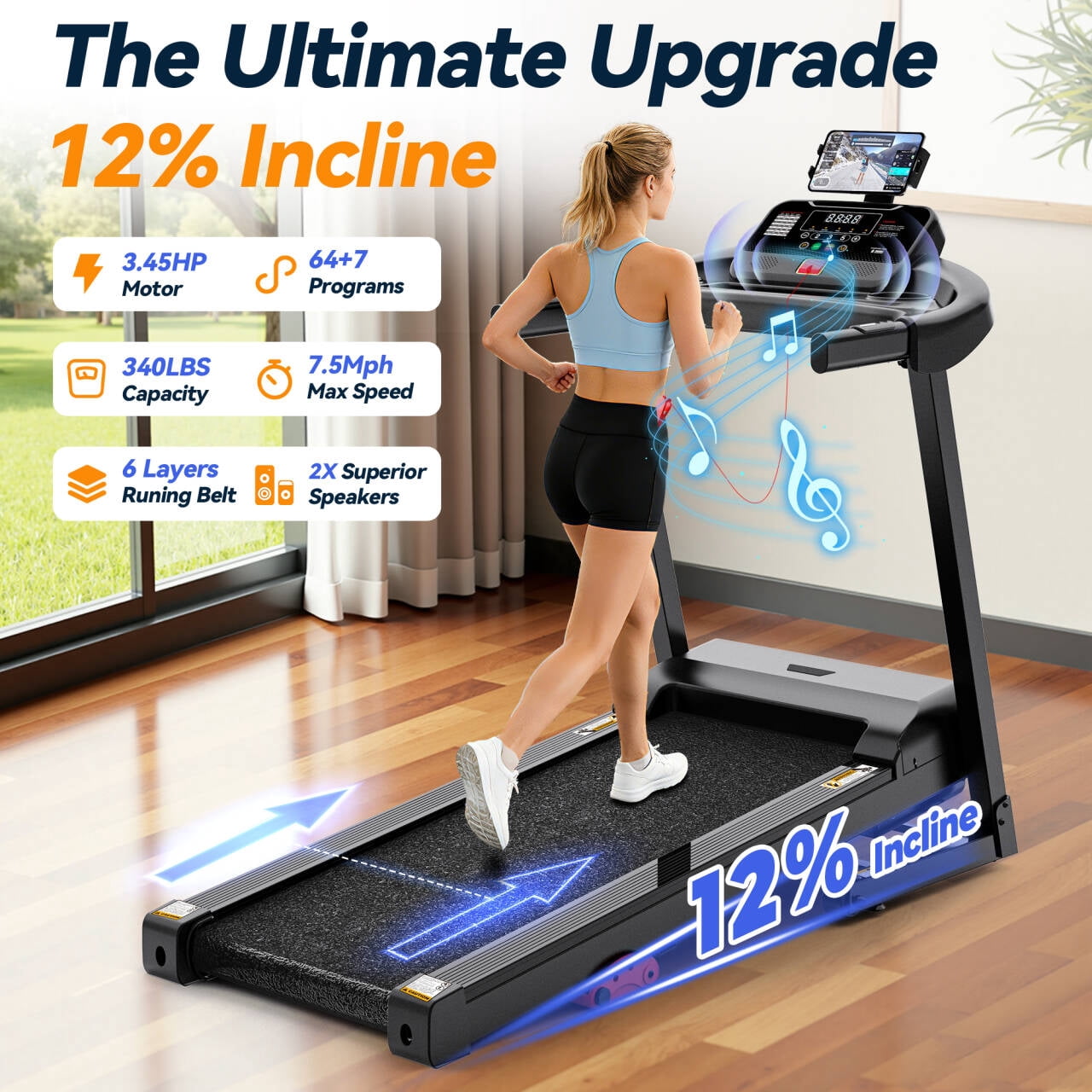 12% Incline Treadmill with Handle, 3.45HP Portable Treadmills for Home, Foldable Treadmills with 340 LBS Capacity, 3-in-1 Quiet Walking Pad Treadmill, 70+1 Programs, APP Control, Knee Gifts