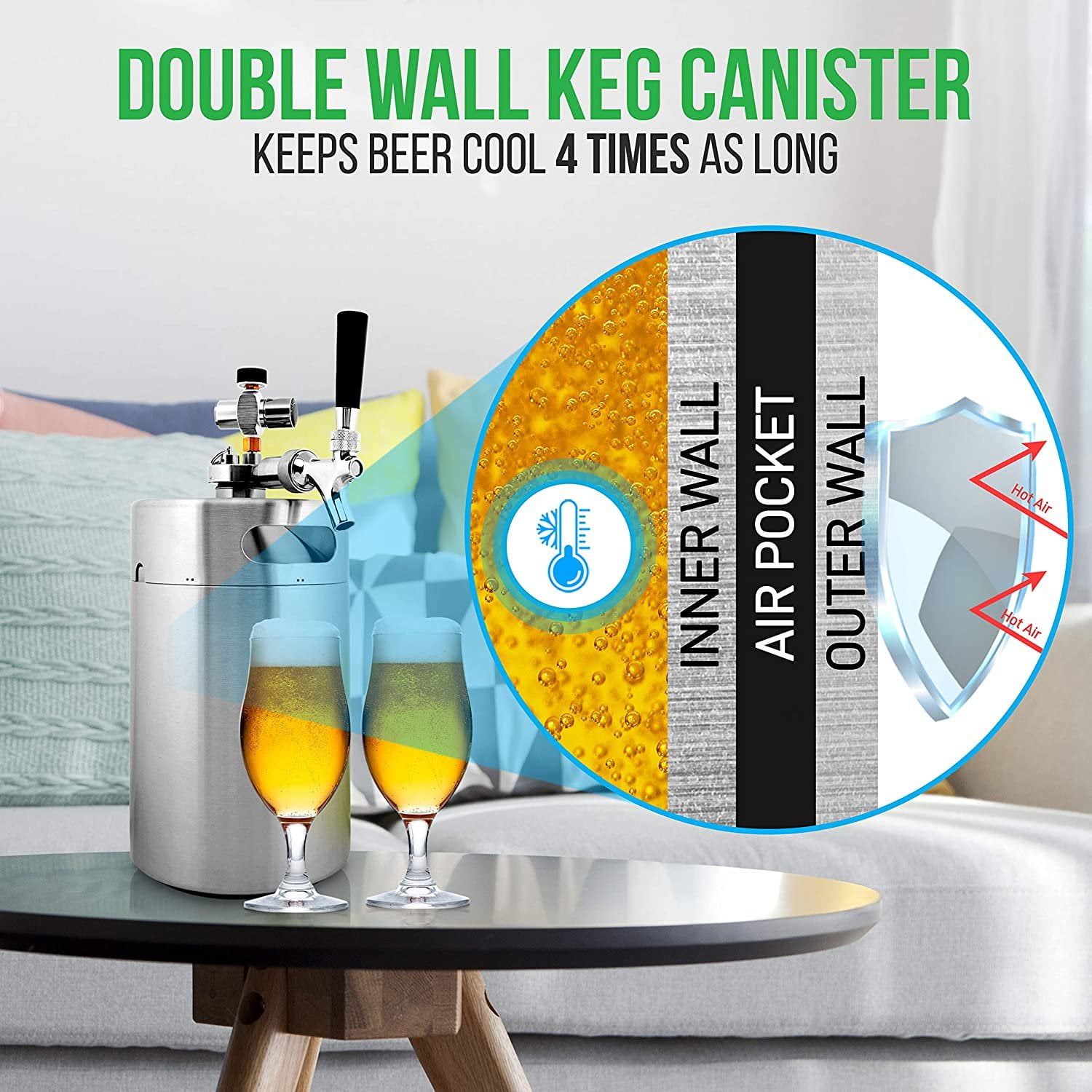 NutriChef Homebrew 128oz Double Walled Mini Keg Beer/Beverage Dispenser